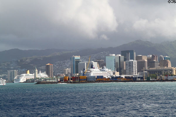 View of downtown Honolulu from off the coast. Honolulu, HI.