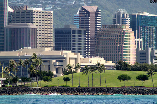 View of downtown Honolulu centered on Federal Building from off the coast. Honolulu, HI.