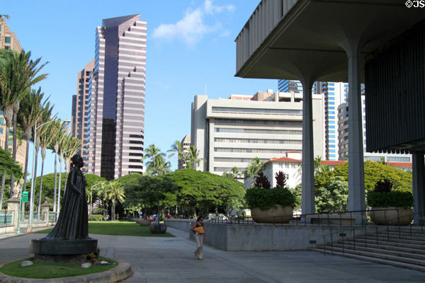1100 Alakea Plaza & District Court beyond State Capitol. Honolulu, HI.