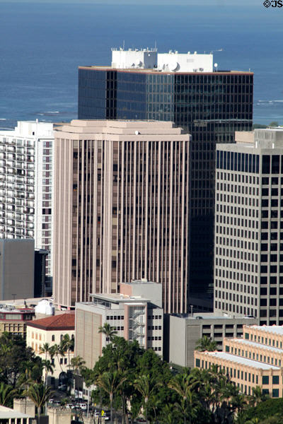 City Financial Tower with blue Pacific Guardian Center & Central Pacific Plaza over Alakea St. Honolulu, HI.