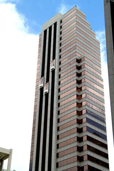 Exterior elevators of 1100 Alakea Plaza. Honolulu, HI.