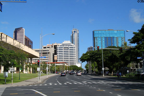Leiopapa A Kamehameha State Office Tower (center) beyond State Capitol. Honolulu, HI.