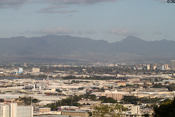 Suburbs & mountains to west of Honolulu seen from Punchbowl rim. Honolulu, HI.