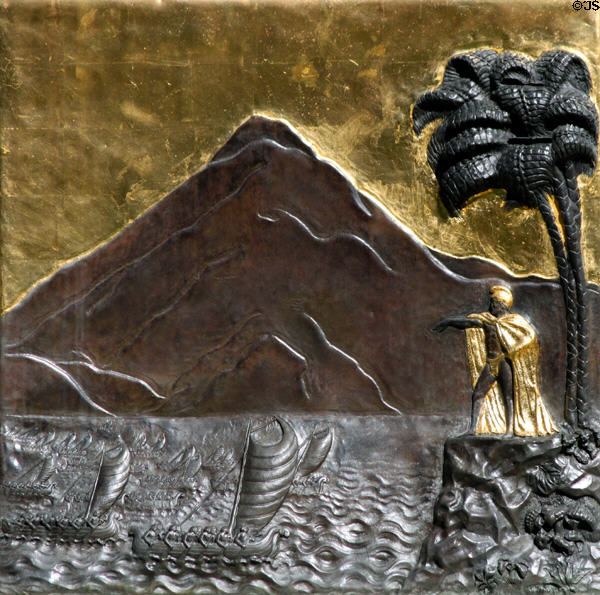 Panel of King Kamehameha I statue of King with his fleet of war canoes. Honolulu, HI.