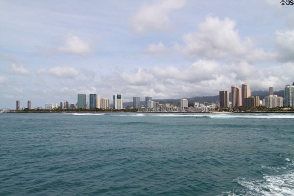 Skyline of Honolulu from downtown to Waikiki. Waikiki, HI.
