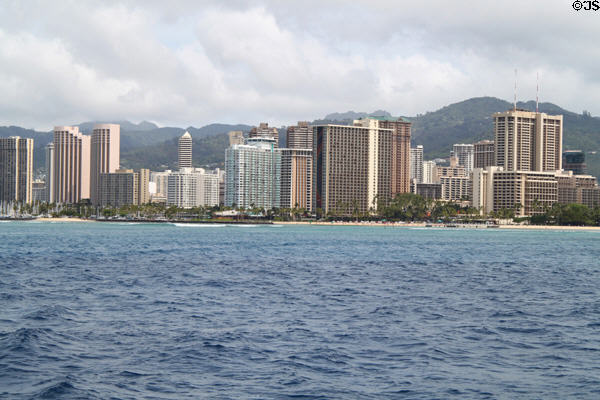 Cluster of highrises around Hilton Hawaiian Village in Ala Moana district. Waikiki, HI.