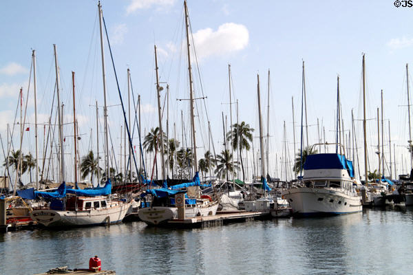 Yachts moored in Waikiki Yacht Harbor. Waikiki, HI.