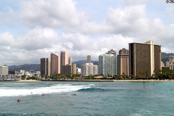 Waikiki skyline from Prince Hotel through Hilton Hawaiian Village. Waikiki, HI.