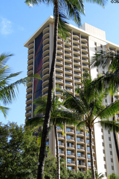 Rainbow Tower at Hilton Hawaiian Village with rainbow mural on end. Waikiki, HI.