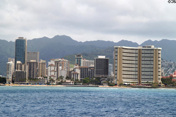 Skyline of Waikiki from Trump International Hotel to Sheraton Hotel. Waikiki, HI.
