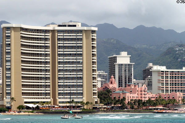 Sheraton Waikiki & Royal Hawaiian Hotels seen from sea. Waikiki, HI.
