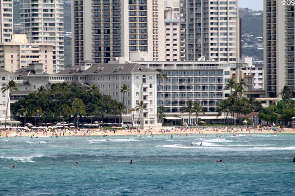 Moana Surfrider Hotel (1901) (6 floors) (2365 Kalakaua Ave.) seen from sea. Waikiki, HI.