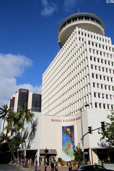 Waikiki Business Plaza with revolving deck & mosaic mural. Waikiki, HI.