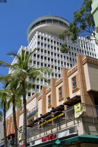 Architectural elements of demolished movie theater on facade of The Center of Waikiki (2284 Kalakaua Ave.) at base of Waikiki Business Plaza. Waikiki, HI.