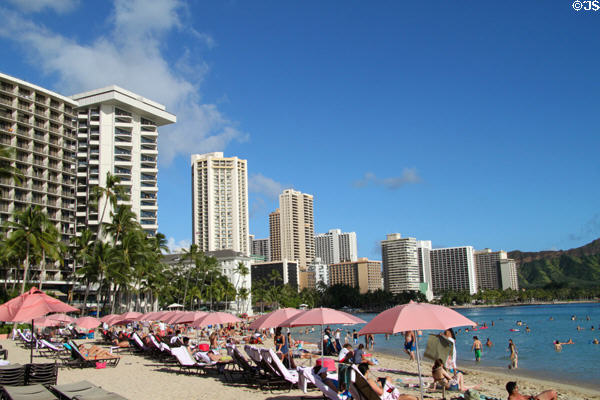 Oceanfront skyline of eastern Waikiki. Waikiki, HI.