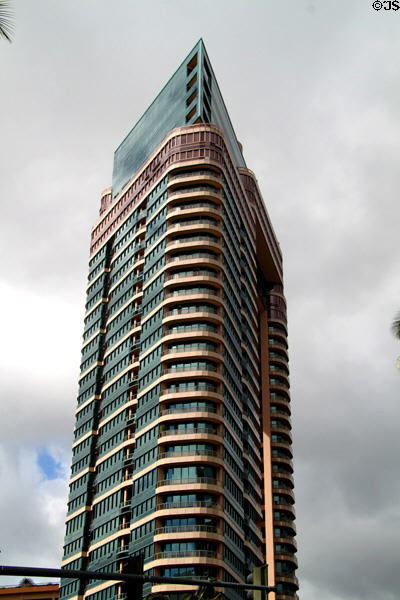 Triangular point of Waikiki Landmark building. Waikiki, HI.