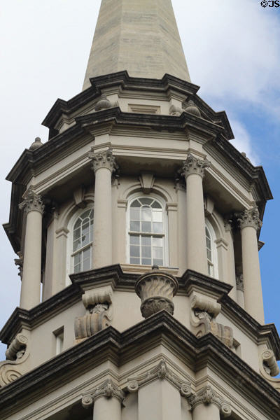 Tower detail of Cram's Colonial Revival Central Union Church Sanctuary Building. Honolulu, HI.
