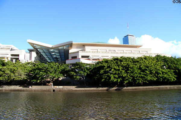 Hawaii Convention Center over Ala Wai Canal. Honolulu, HI.