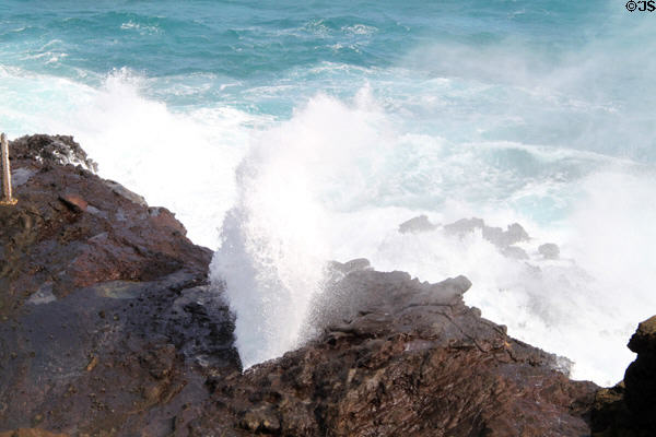 Column of water rises from Halona Point Blowhole. HI.