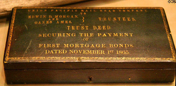 Box containing First Mortgage Bond for Union Pacific Railroad at Union Pacific Railroad Museum. Council Bluffs, IA.