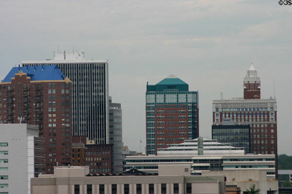 Highrises of Des Moines: Plaza Building (1985), Financial Center (1973), Hub Tower (1986),. Des Moines, IA.