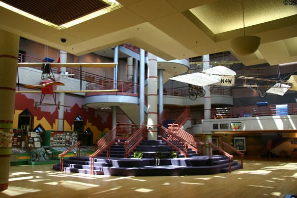 Atrium of Historical Museum of Iowa with Benoist Tractor biplane & model XI Bleriot monoplane. Des Moines, IA.