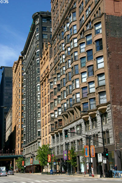 South Dearborn Street with oldest skyscrapers Fisher, Old Colony, Plymouth & Manhattan buildings. Chicago, IL.