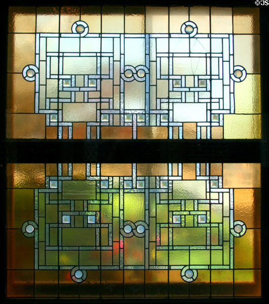 Stained glass window (1889) by Louis Sullivan from reception desk of Auditorium Building Hotel at Stained Glass Museum. Chicago, IL.