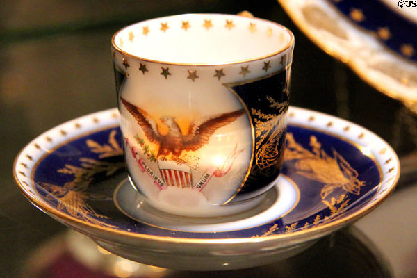 Benjamin Harrison's White House Haviland porcelain cup & saucer with corn stalk border at Benjamin Harrison Presidential Site. Indianapolis, IN.