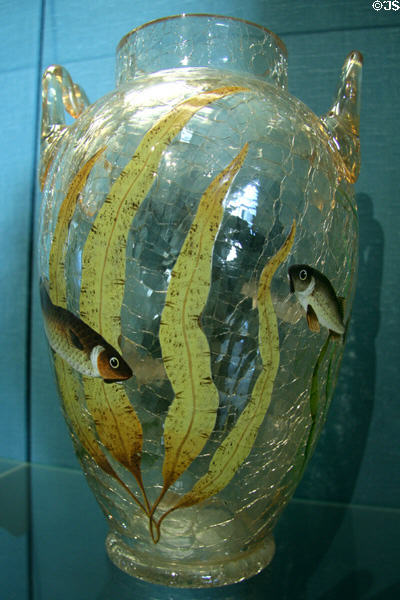 Vase painted with fish (c1885) by Thomas Webb & Sons of Stourbridge, England, at New Orleans Museum of Art. New Orleans, LA.