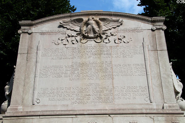 Eagle & inscription on 54th Mass. Volunteer Infantry Regiment Memorial at Massachusetts State House. Boston, MA.
