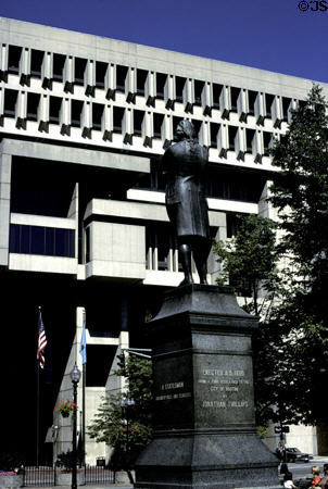Boston City Hall beyond statue of Samuel Adams. Boston, MA.