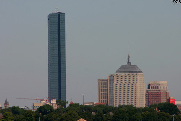 Skyline with John Hancock Tower & John Hancock Building (1947) (26 floors) with spire by Cram & Ferguson & arched 25 floor 500 Boylston St. between. Boston, MA.