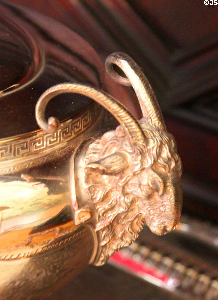 Covered silver tureen with goat handles at Rotch-Jones-Duff House. New Bedford, MA.