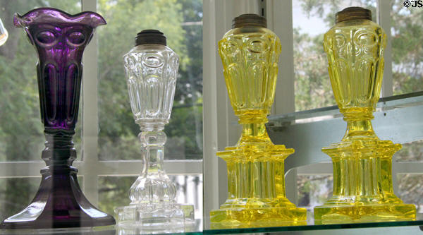 Pressed circle & ellipse glass lamps (1840-50) by Boston & Sandwich Glass Co. or McKee & Brother of Pittsburgh at Sandwich Glass Museum. Sandwich, MA.