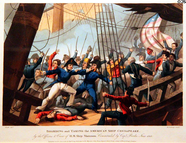 Boarding & Taking of American Ship Chesapeake by HMS Shannon graphic (1816) at USS Constitution Museum. Boston, MA.