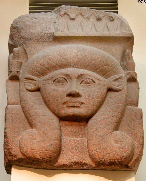 Ancient Egyptian column capital with face of goddess Bat (1279-1212 BCE) from Bubastis at Museum of Fine Arts. Boston, MA.