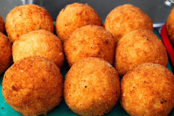 Spinach arrancini at Italian neighborhood street festival in north end of Boston. Boston, MA.