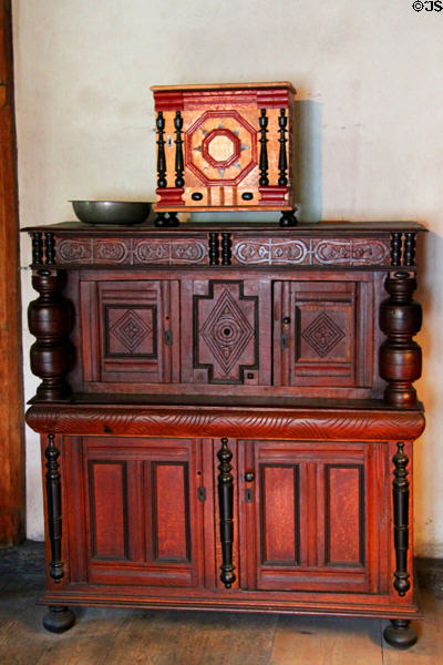 Early American cabinets in John Ward House of Peabody Essex Museum. Salem, MA.