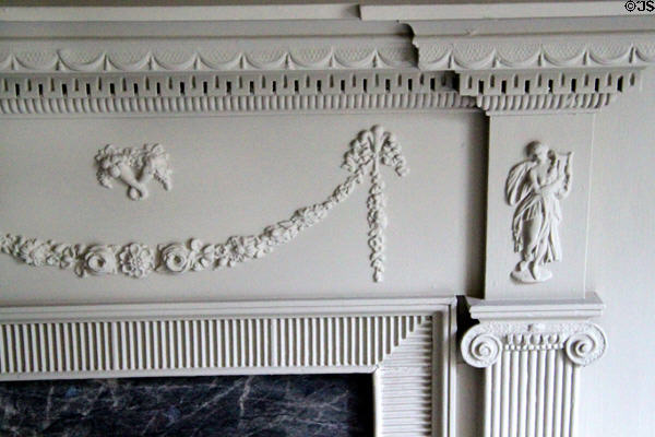 Fireplace front carved by Samuel McIntire in parlor of Peirce-Nichols House. Salem, MA.