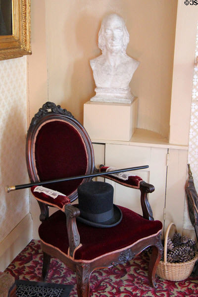 Amos Bronson Alcott's hat, cane, bust & chair in study at Orchard House. Concord, MA.