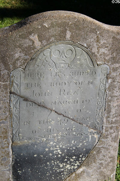 Tombstone with deathead (1750) in Beverly First Baptist Church graveyard. Beverly, MA.