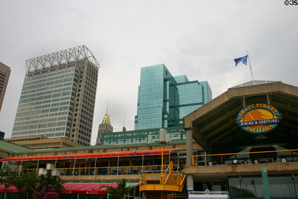 Baltimore skyline from Inner Harbor waterfront promenade. Baltimore, MD.