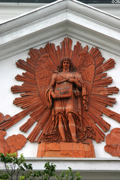 Angel of Truth (1960) by Antonio Capellano in pediment of First Unitarian Church. Baltimore, MD.