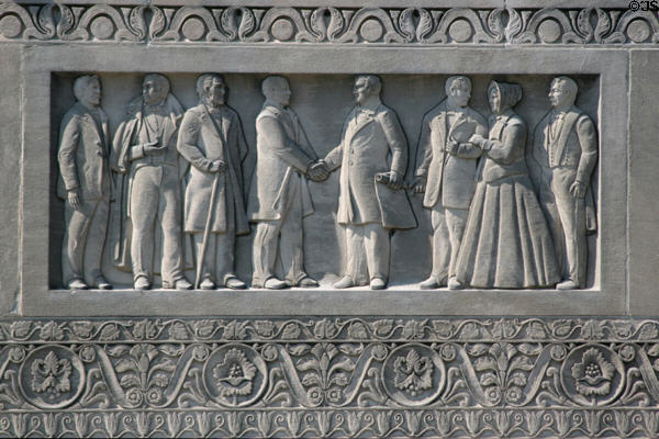 Frieze of town fathers on Kalamazoo City Hall. Kalamazoo, MI.