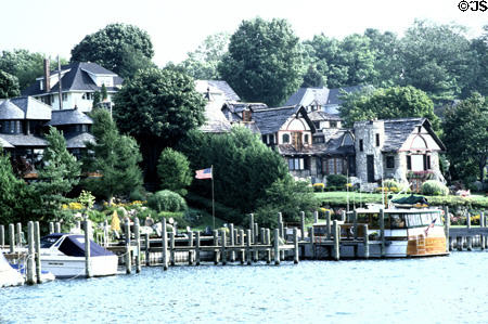 Rustic stone houses facing harbor. Charlevoix, MI.