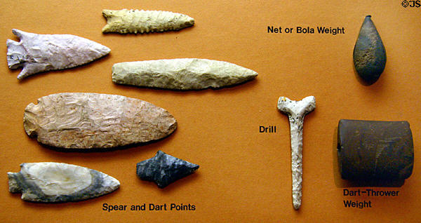 Indian spear heads & tools (8000-1500 BCE) in History Hall at Missouri State Capitol. Jefferson City, MO.