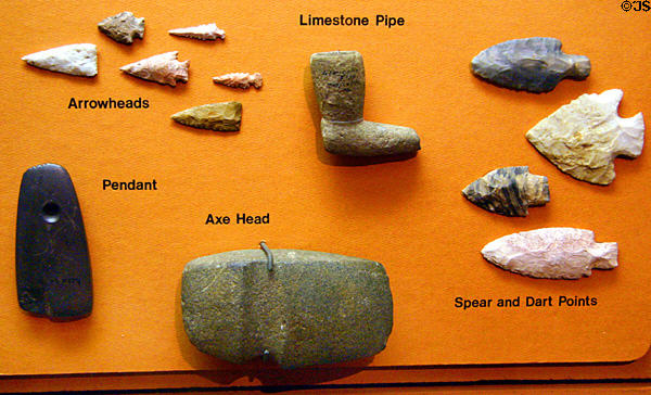 Indian mound builders spear & arrow heads (1500 BCE- 900) in History Hall at Missouri State Capitol. Jefferson City, MO.