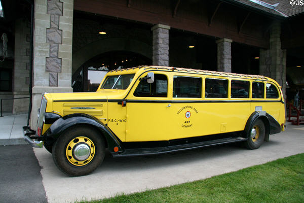 White Bus of Yellowstone Park Company, once used to take visitors to park at Museum of the Yellowstone. West Yellowstone, MT.