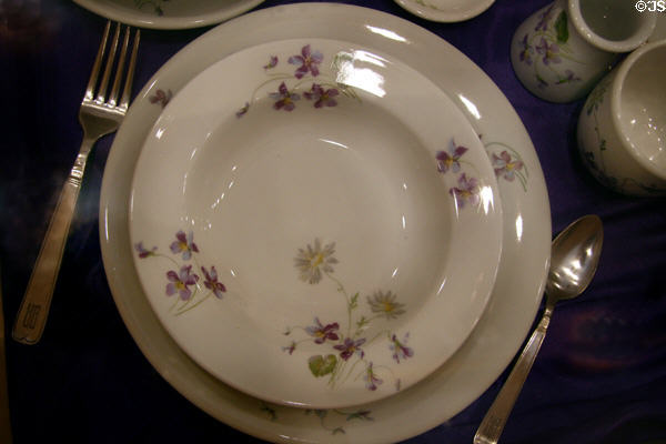 Dining car china from Chicago Burlington & Quincy railroad which served Yellowstone via Cody, WY, at Museum of the Yellowstone. West Yellowstone, MT.